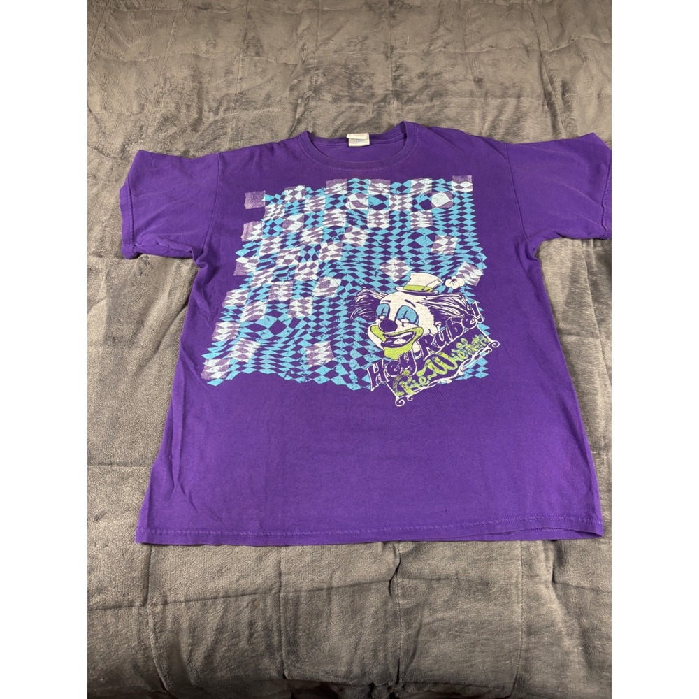 Gildan Hey Rube Clown Graphic T-Shirt Purple Mens Medium Checkerboard Circus Tee
